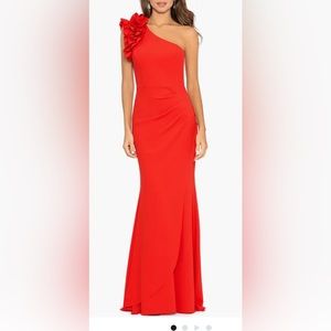 Woman’s Xscape Red One Shoulder Crepe Long Dress